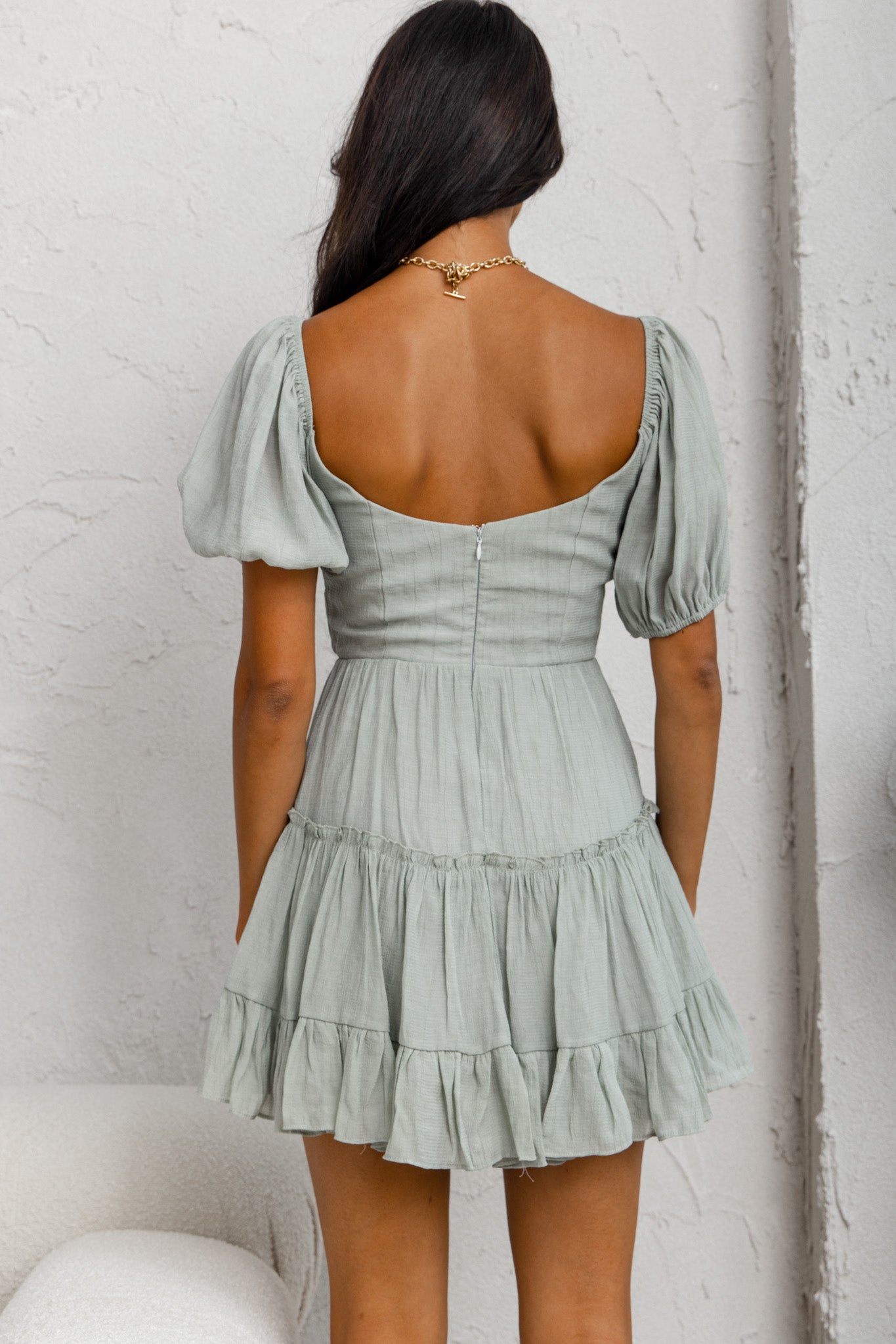 Camille Gathered Bodice Puff Sleeve Flounce Hem Mini Dress Sage by Selfie Leslie
