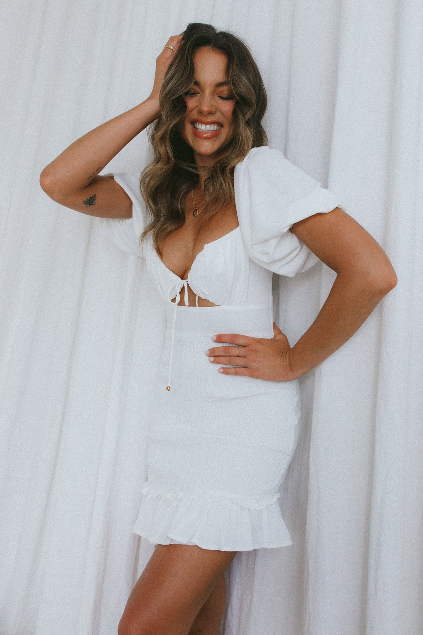 Aperol Spritz Shirred Bodice Puff Sleeve Mini Dress White | Selfie