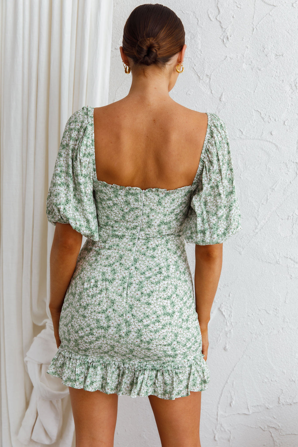 Aperol Spritz Shirred Bodice Puff Sleeve Mini Dress Floral Green by Selfie Leslie