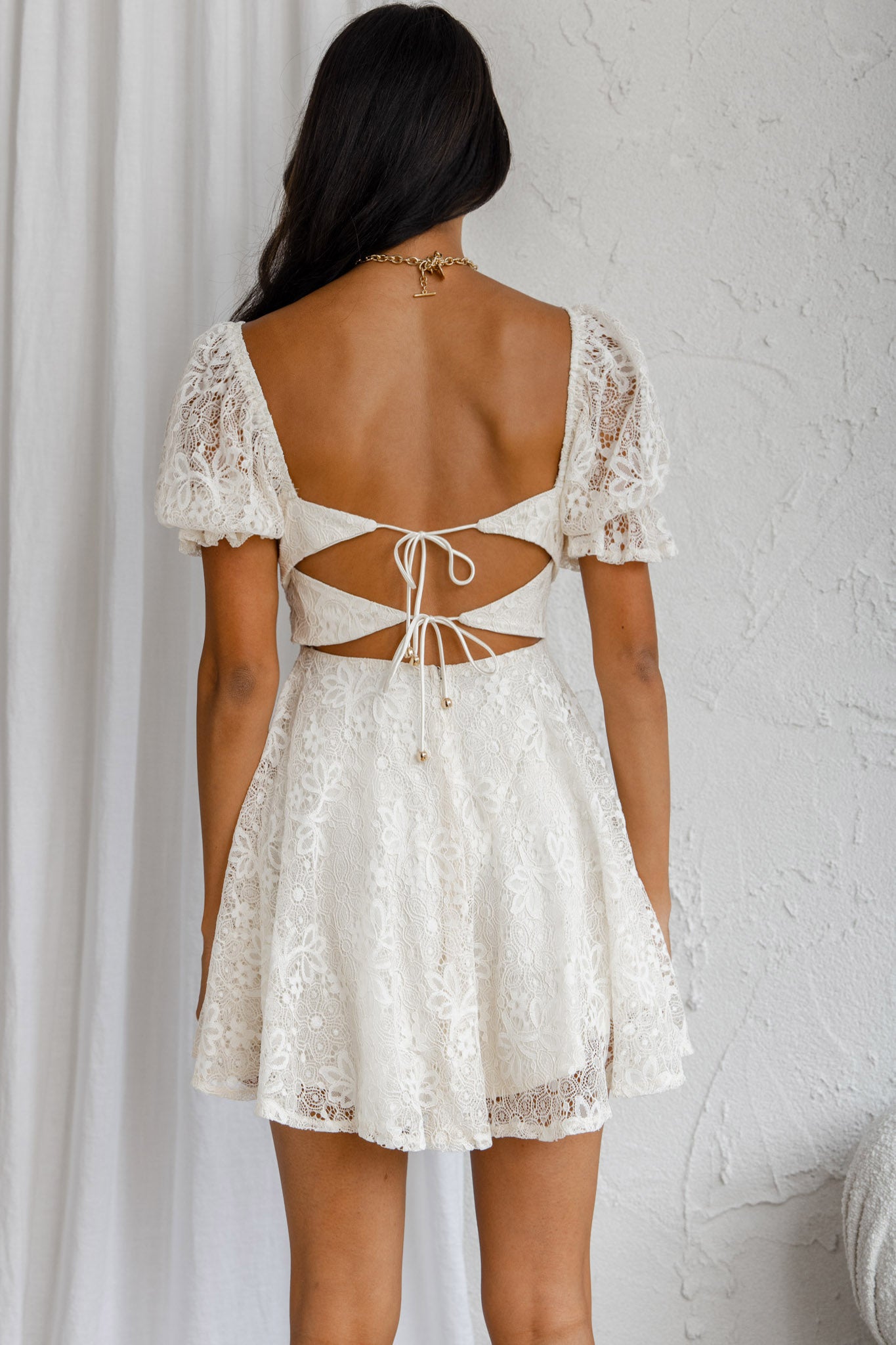 Soho Puff Sleeve Tied Back Lace Mini Dress Cream by Selfie Leslie