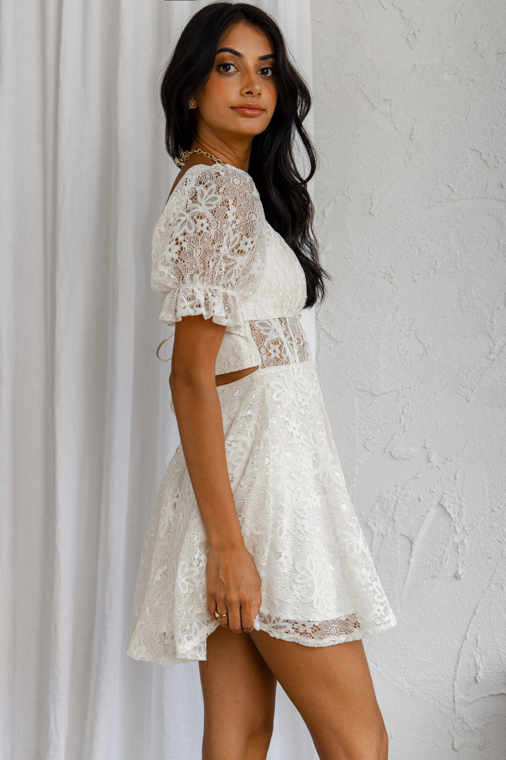Soho Puff Sleeve Tied Back Lace Mini Dress Cream by Selfie Leslie