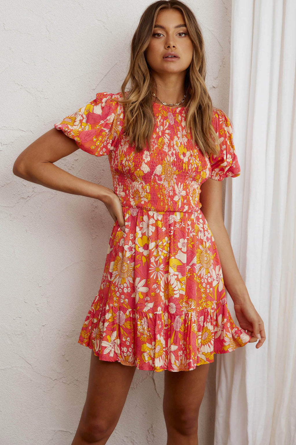 Crystal Shores Shirred Bust Mini Dress Floral Orange by Selfie Leslie