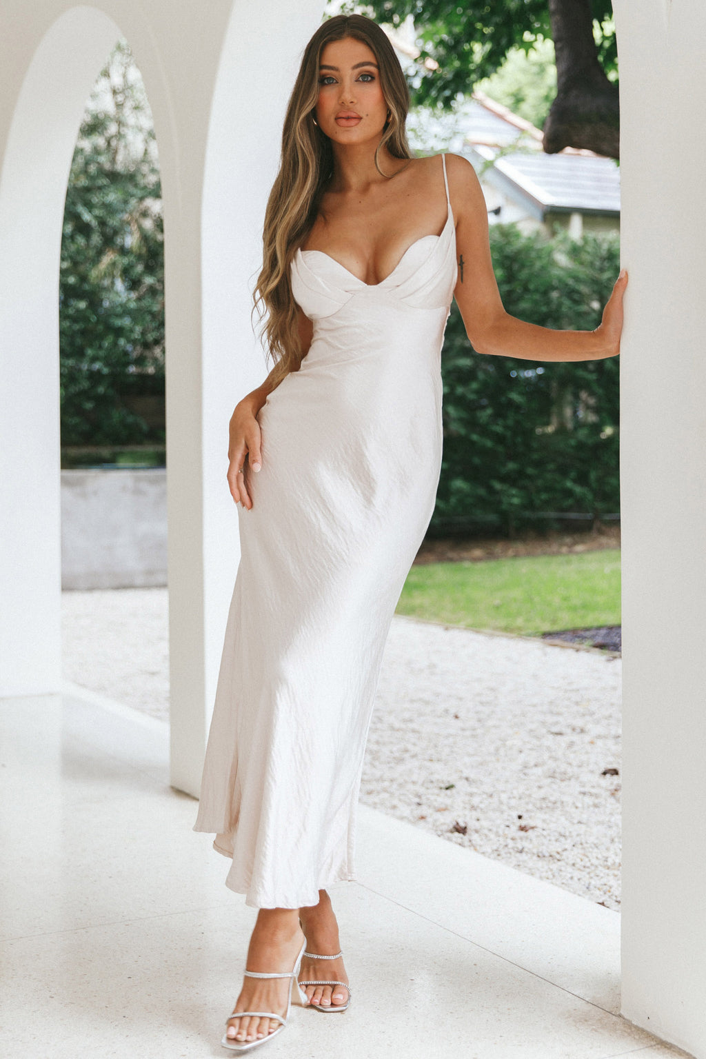 Infinity Pintuck Bust Maxi Dress Champagne by Selfie Leslie