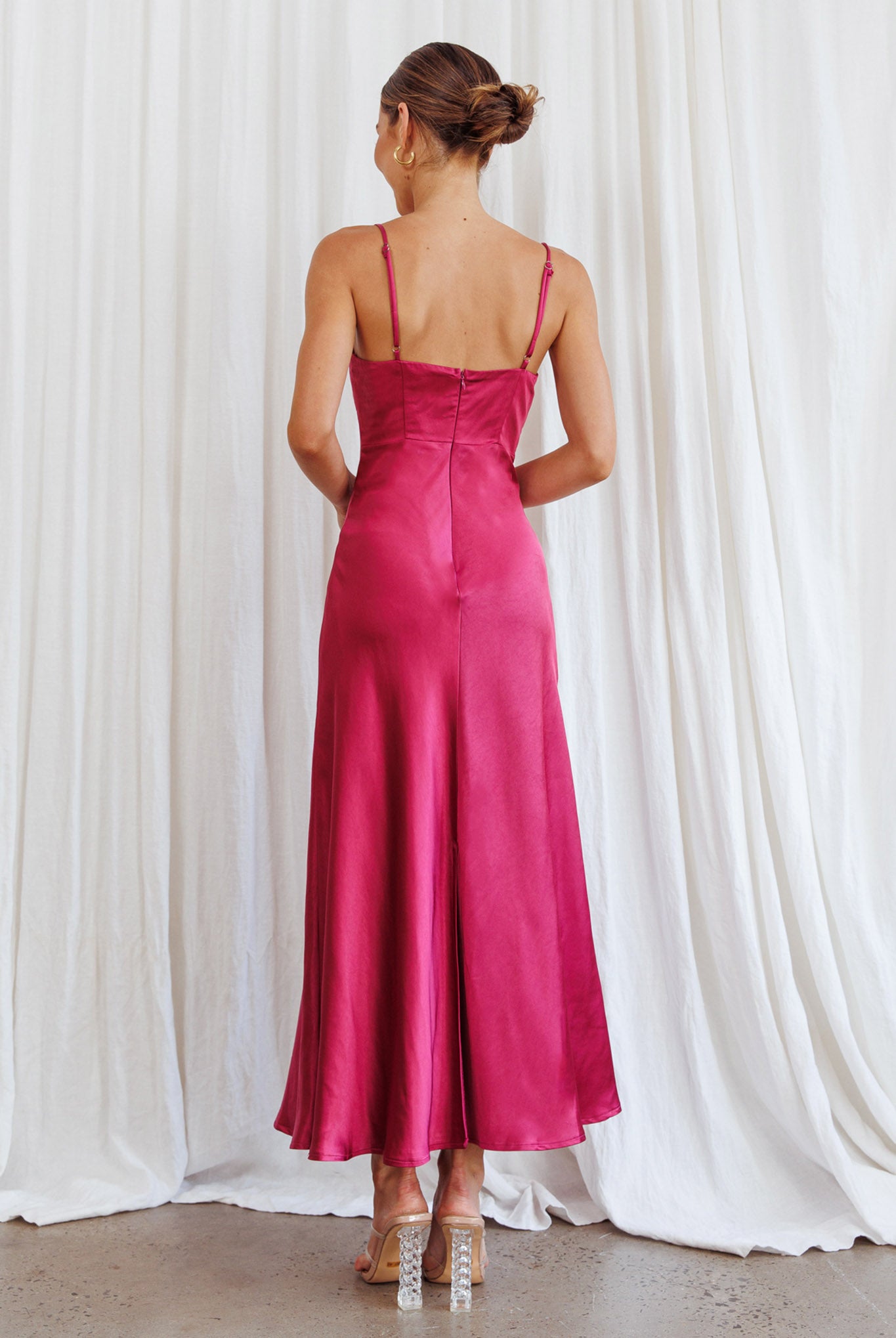 fuchsia silk dress Infinity Pintuck Bust Midi Dress Fuchsia