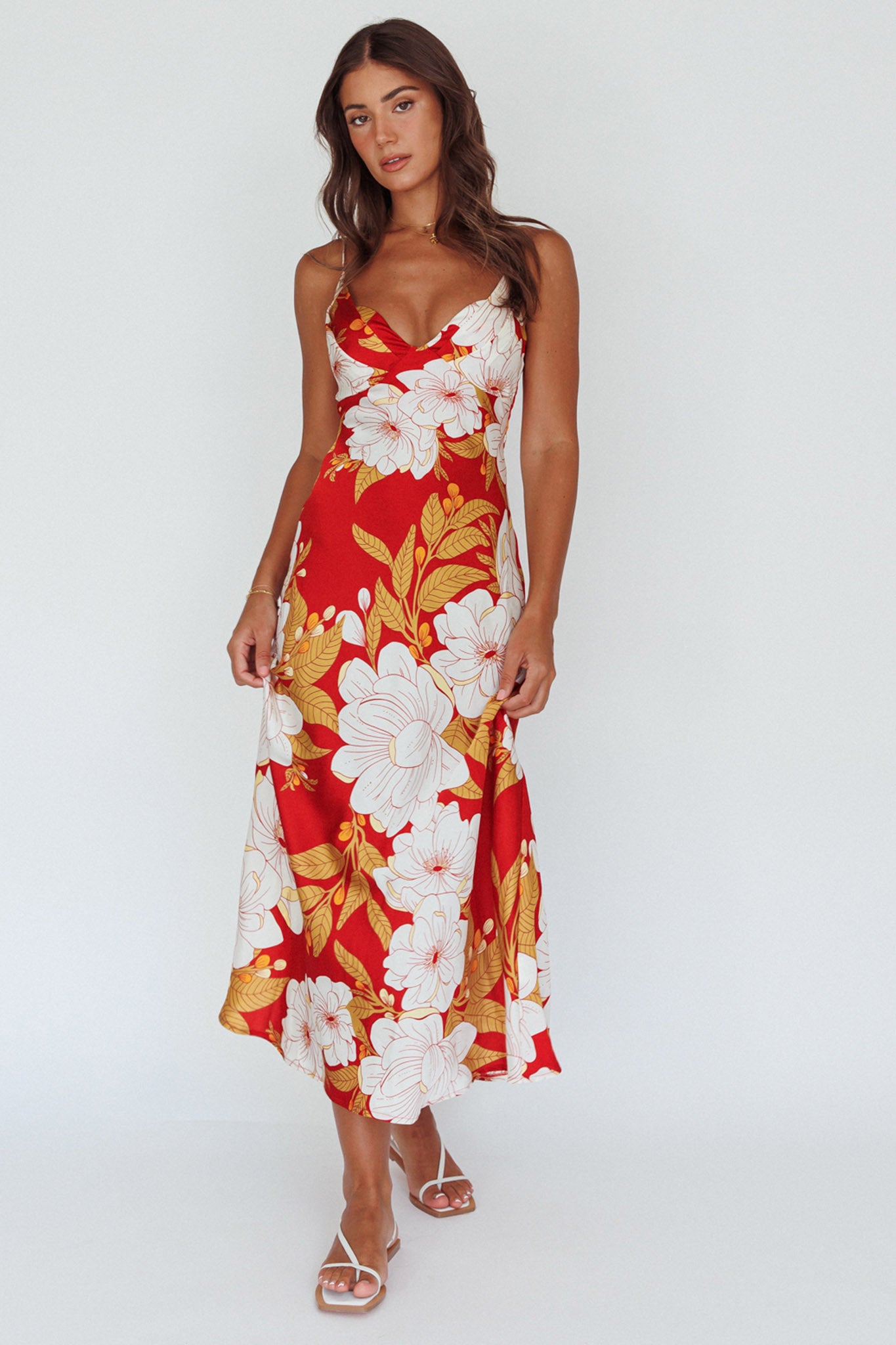 Infinity Pintuck Bust Midi Dress Flower Red by Selfie Leslie