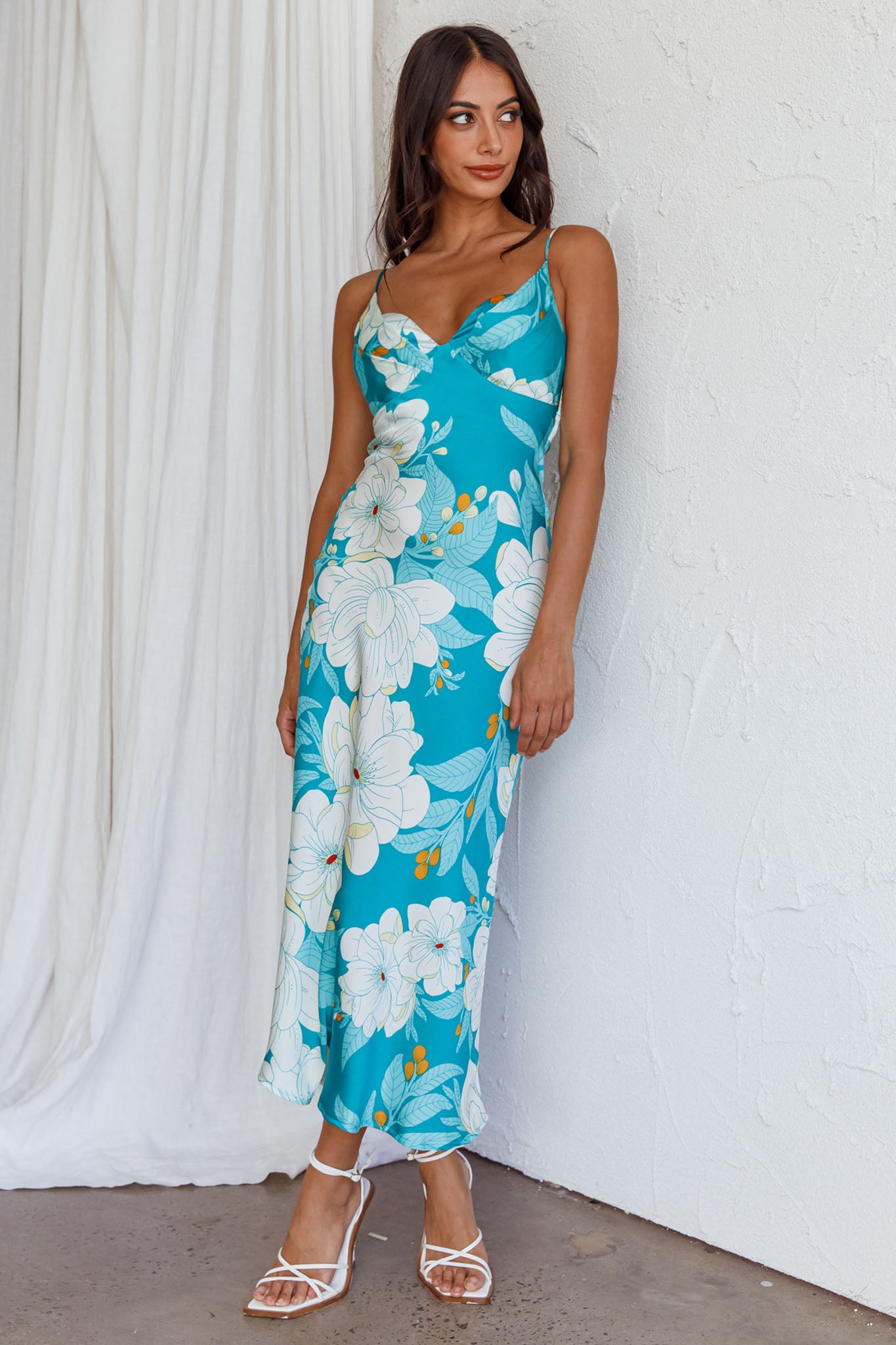 Infinity Pintuck Bust Midi Dress Flower Teal by Selfie Leslie