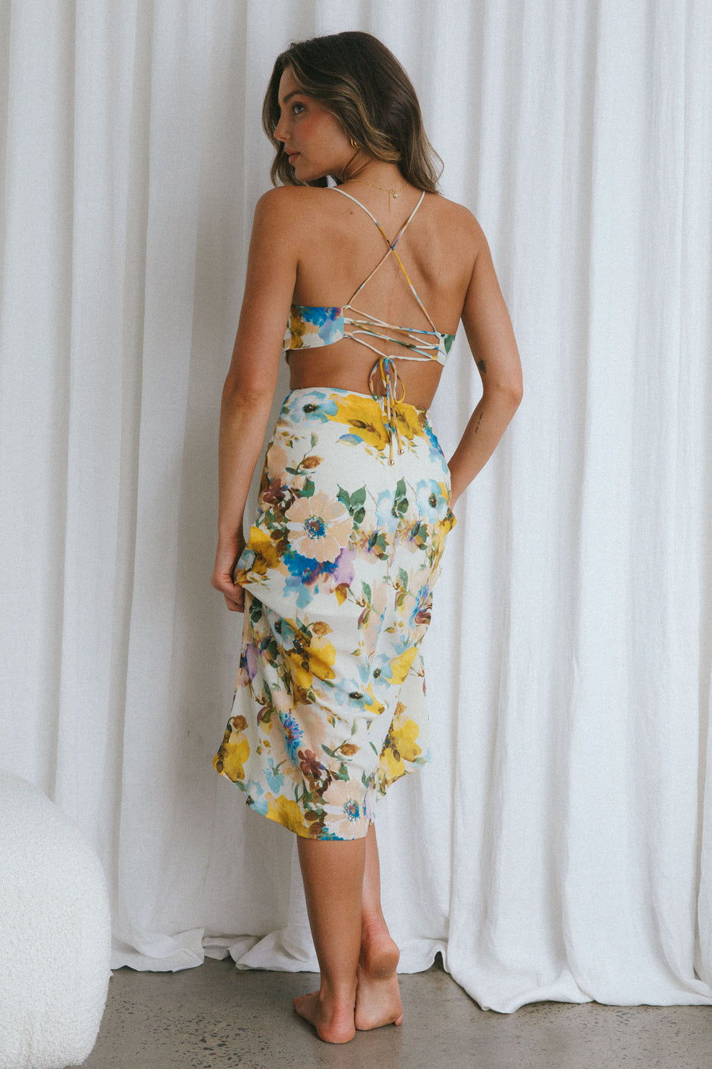 Sunday Bliss Tie-Up Back Cowl Neck Midi Dress Floral Yellow by Selfie Leslie
