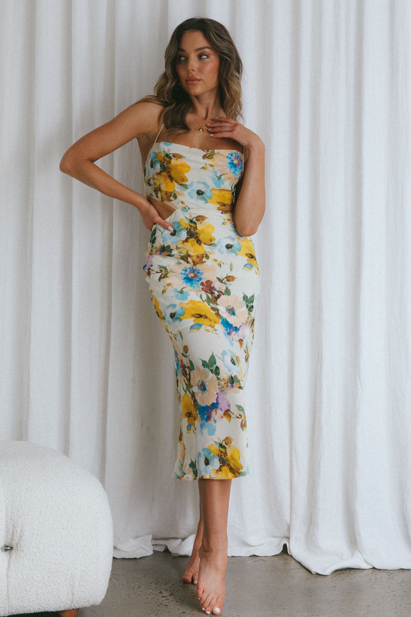 Sunday Bliss Tie-Up Back Cowl Neck Midi Dress Floral Yellow by Selfie Leslie