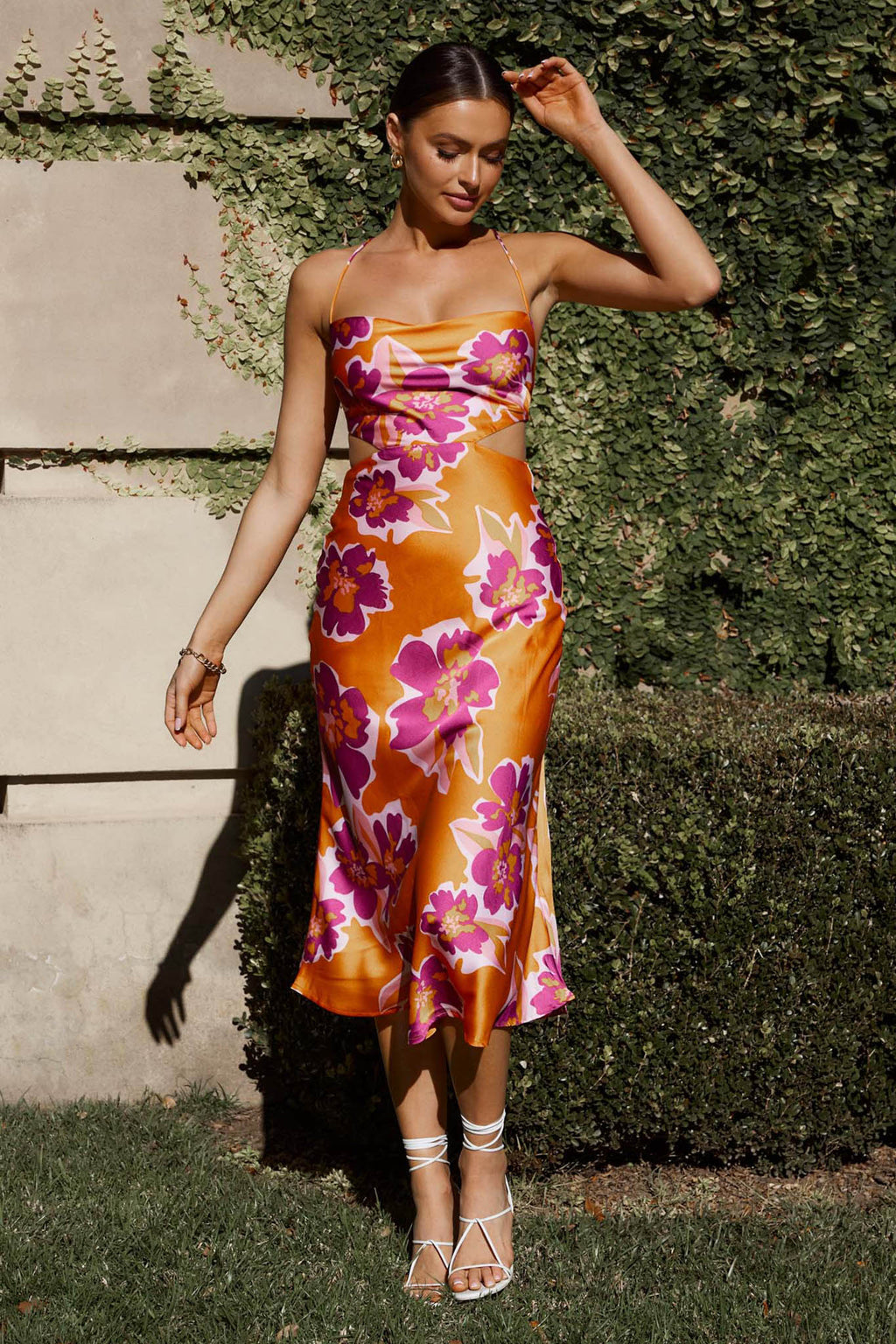 Sunday Bliss Tie-Up Back Cowl Neck Midi Dress Flower Orange by Selfie Leslie