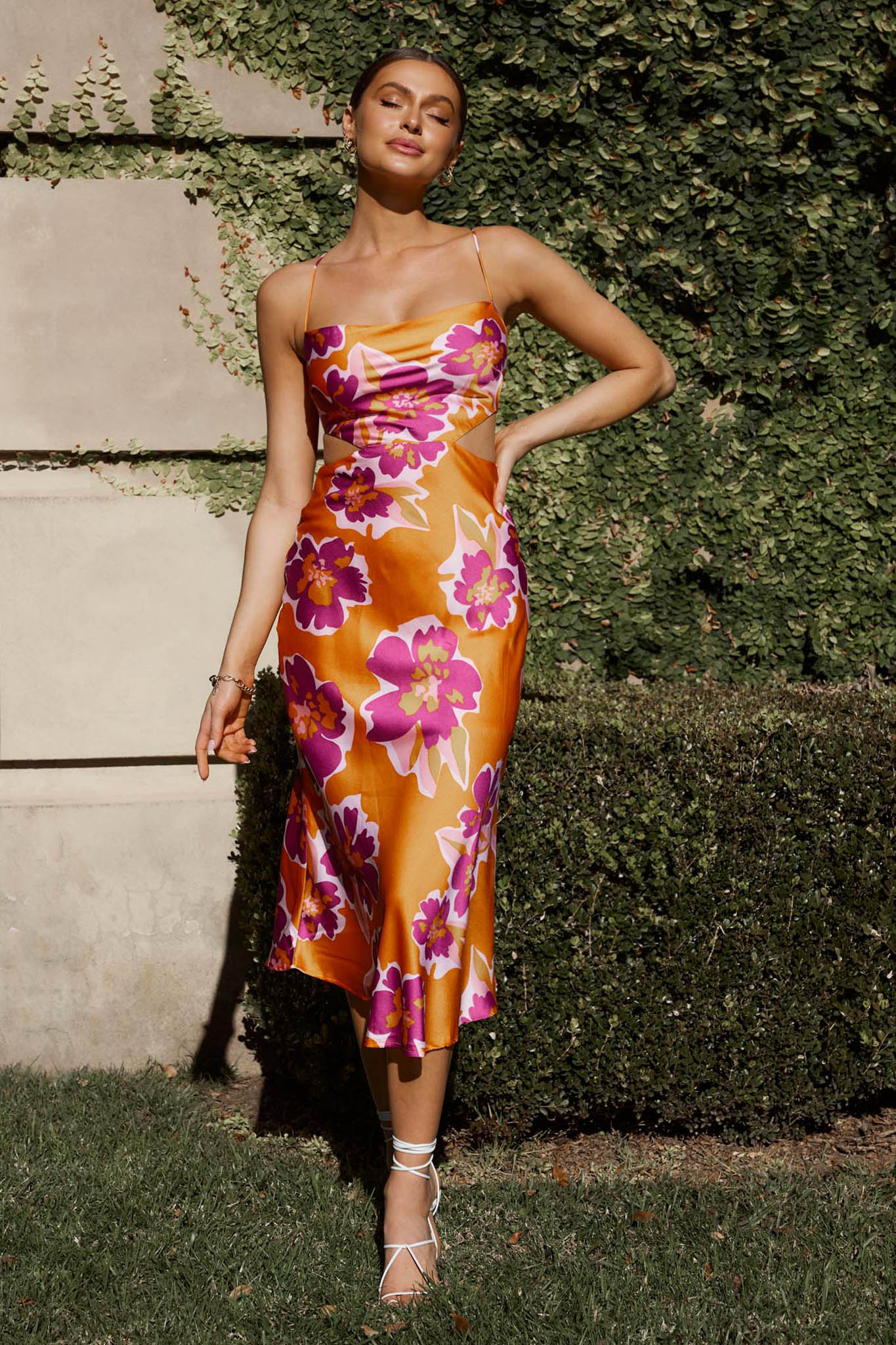 Sunday Bliss Tie-Up Back Cowl Neck Midi Dress Flower Orange by Selfie Leslie