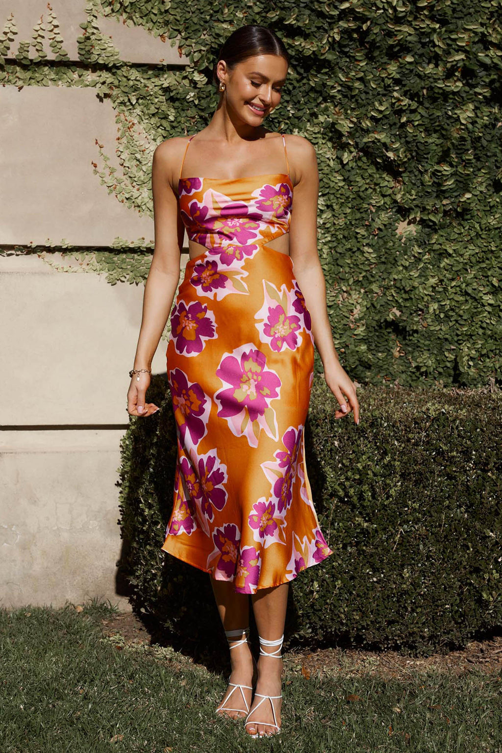 Sunday Bliss Tie-Up Back Cowl Neck Midi Dress Flower Orange by Selfie Leslie