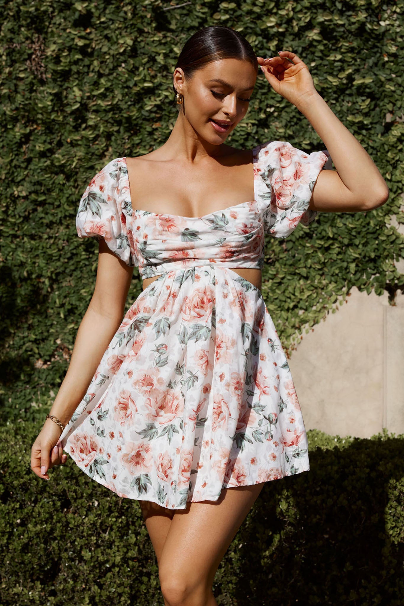 Shop the You're So Magic Cut-Out Mini Dress Floral Peach