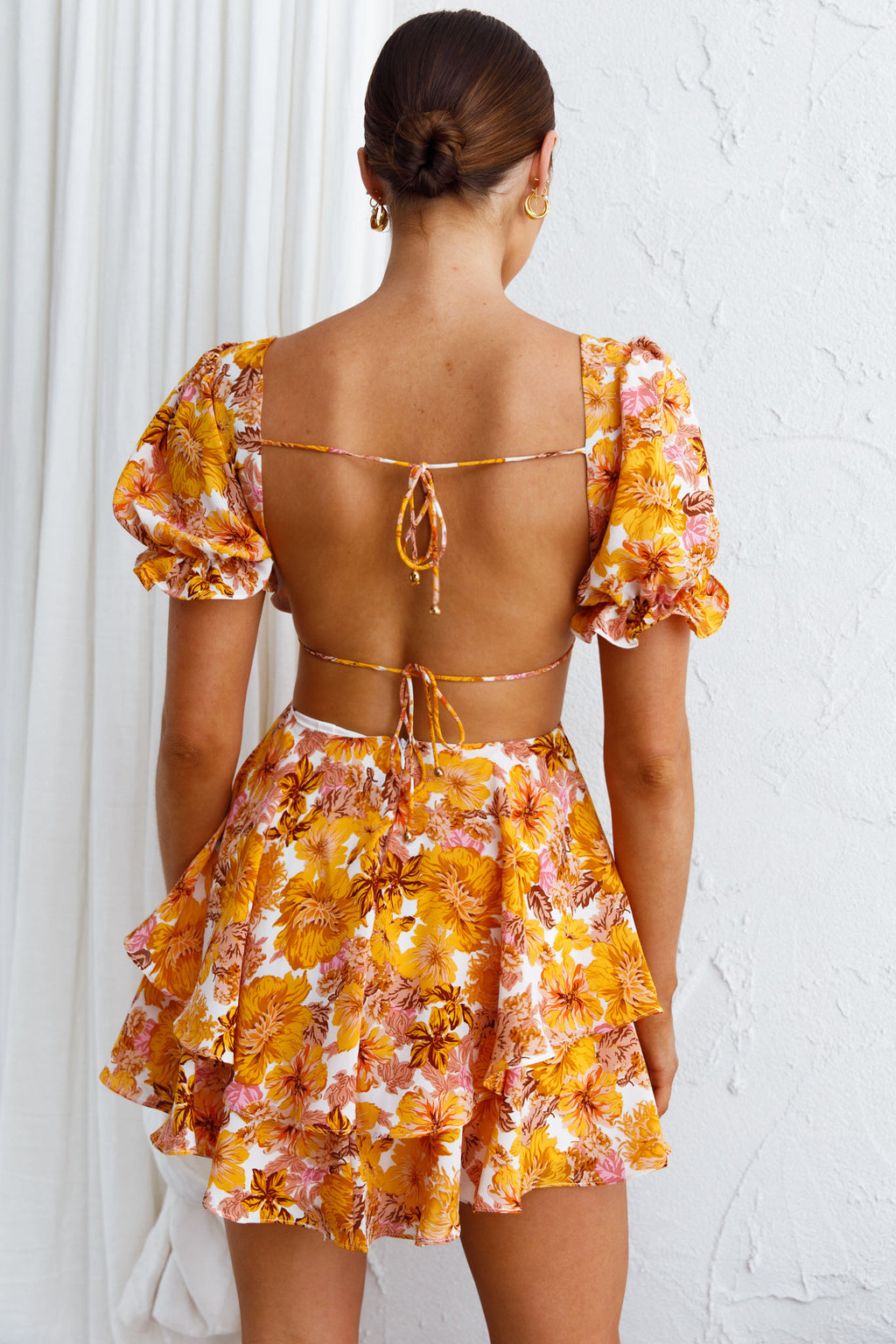 Orianthi Cut-Out Waist Mini Dress Floral Yellow by Selfie Leslie