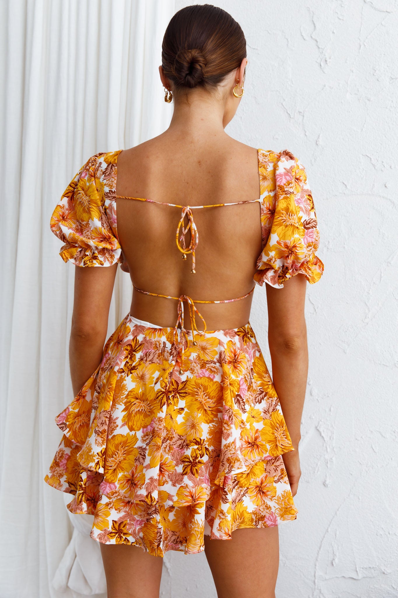 Orianthi Cut-Out Waist Mini Dress Floral Yellow by Selfie Leslie