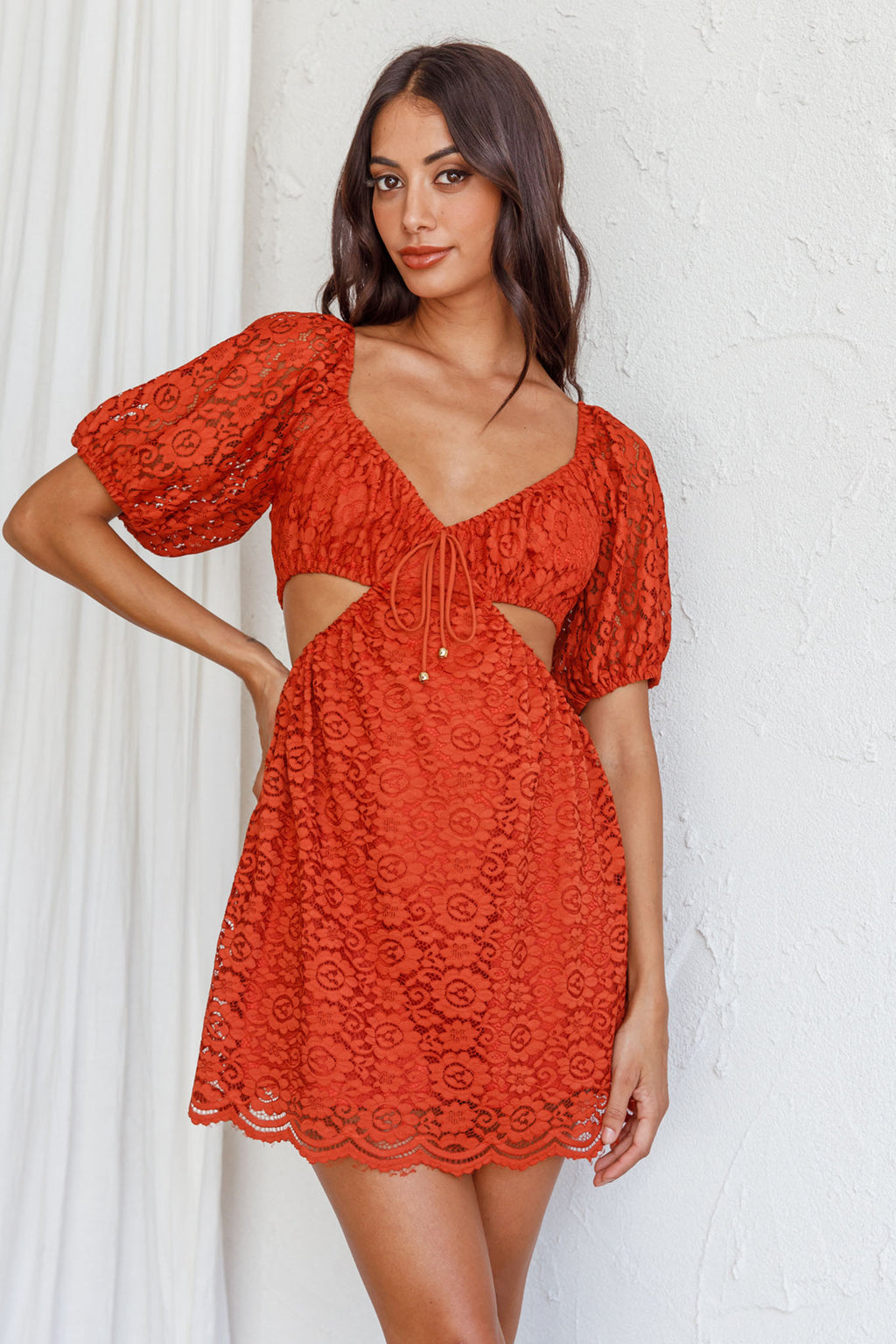 Feelin' Good Cut-Out Waist Lace Dress Rust by Selfie Leslie
