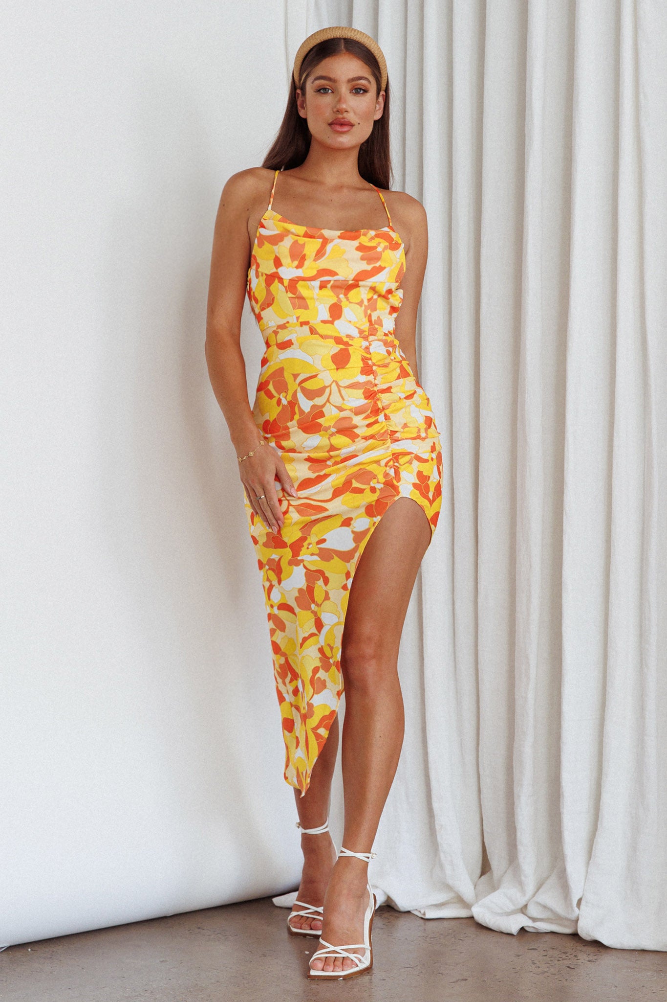 Klara Thigh Split Midi Dress Print Yellow by Selfie Leslie