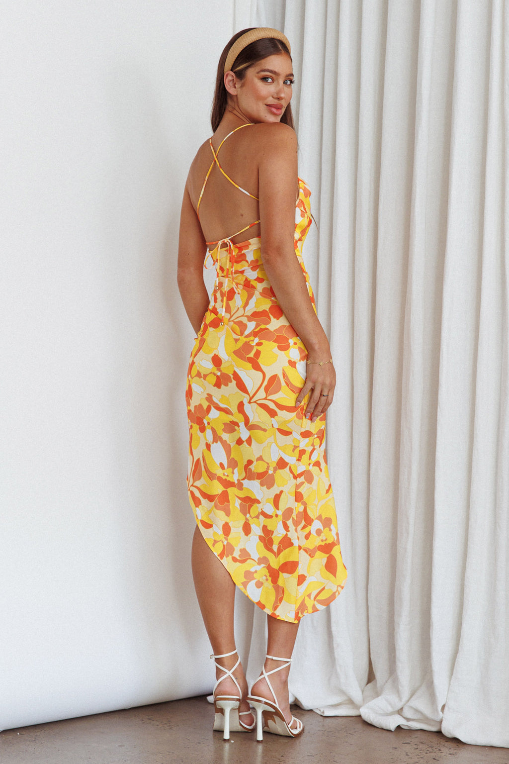 Klara Thigh Split Midi Dress Print Yellow by Selfie Leslie