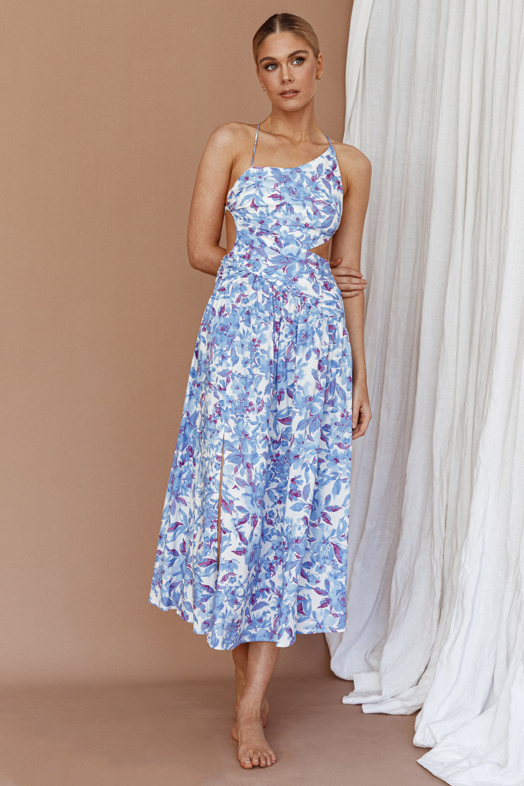 Destination Open Back Midi Dress Floral Blue by Selfie Leslie