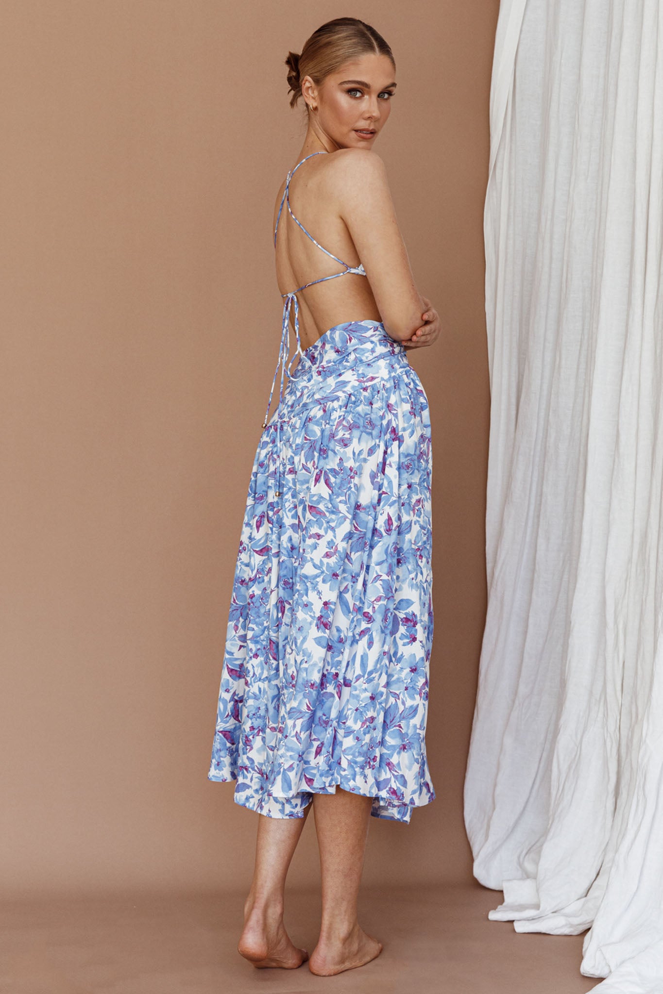 Destination Open Back Midi Dress Floral Blue by Selfie Leslie