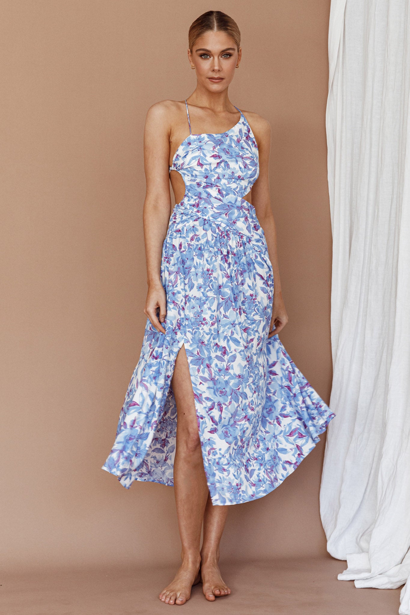 Destination Open Back Midi Dress Floral Blue by Selfie Leslie