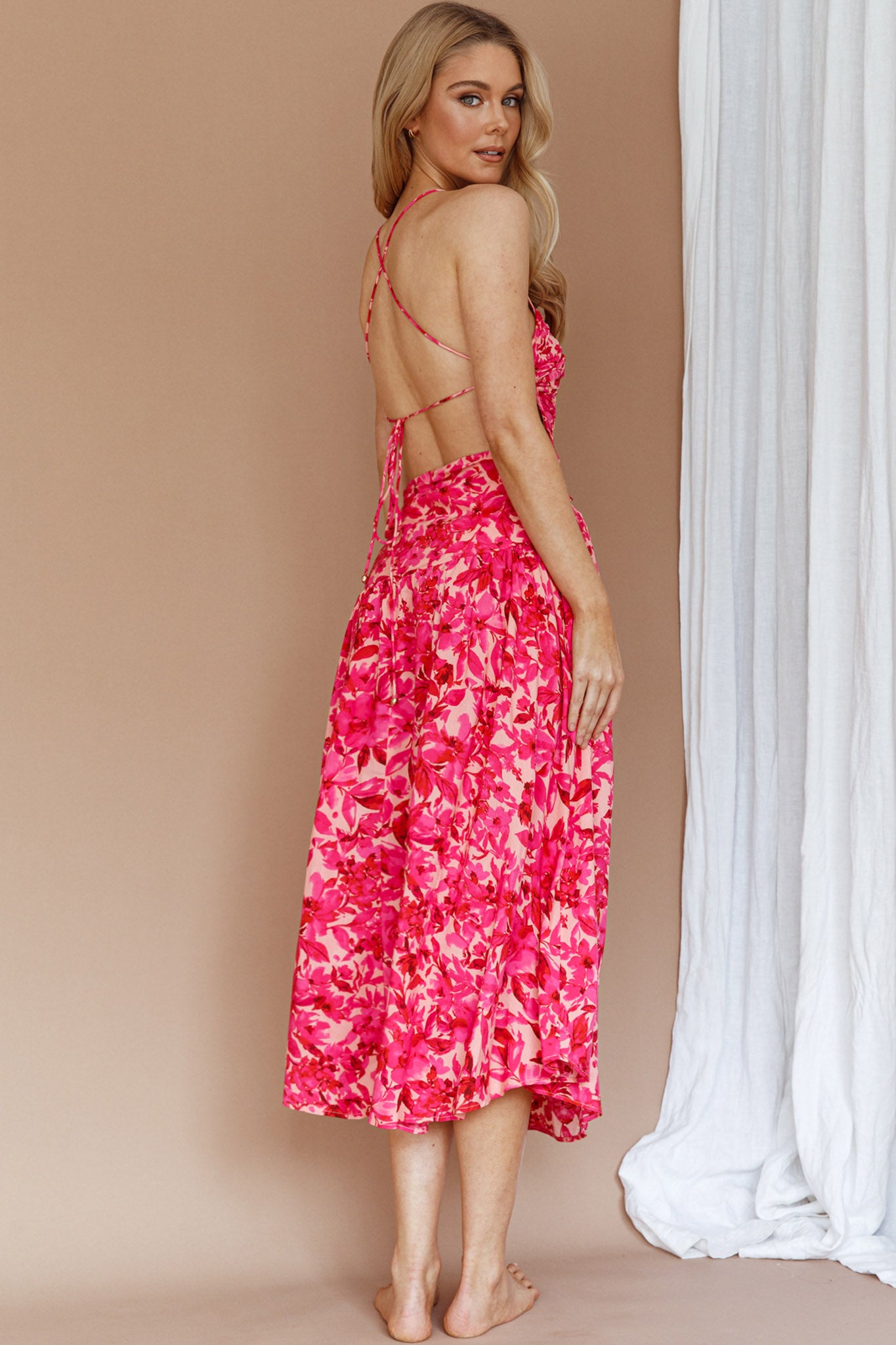 Destination Open Back Midi Dress Floral Pink Destination Open Back Midi Dress Floral Pink
