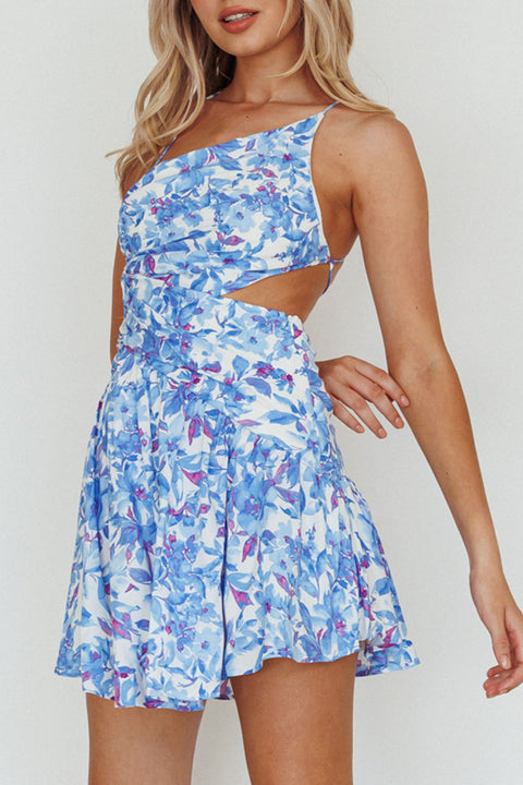summer floral printed defined waist blue vacation mini dress Destination Open Back Women's clothing