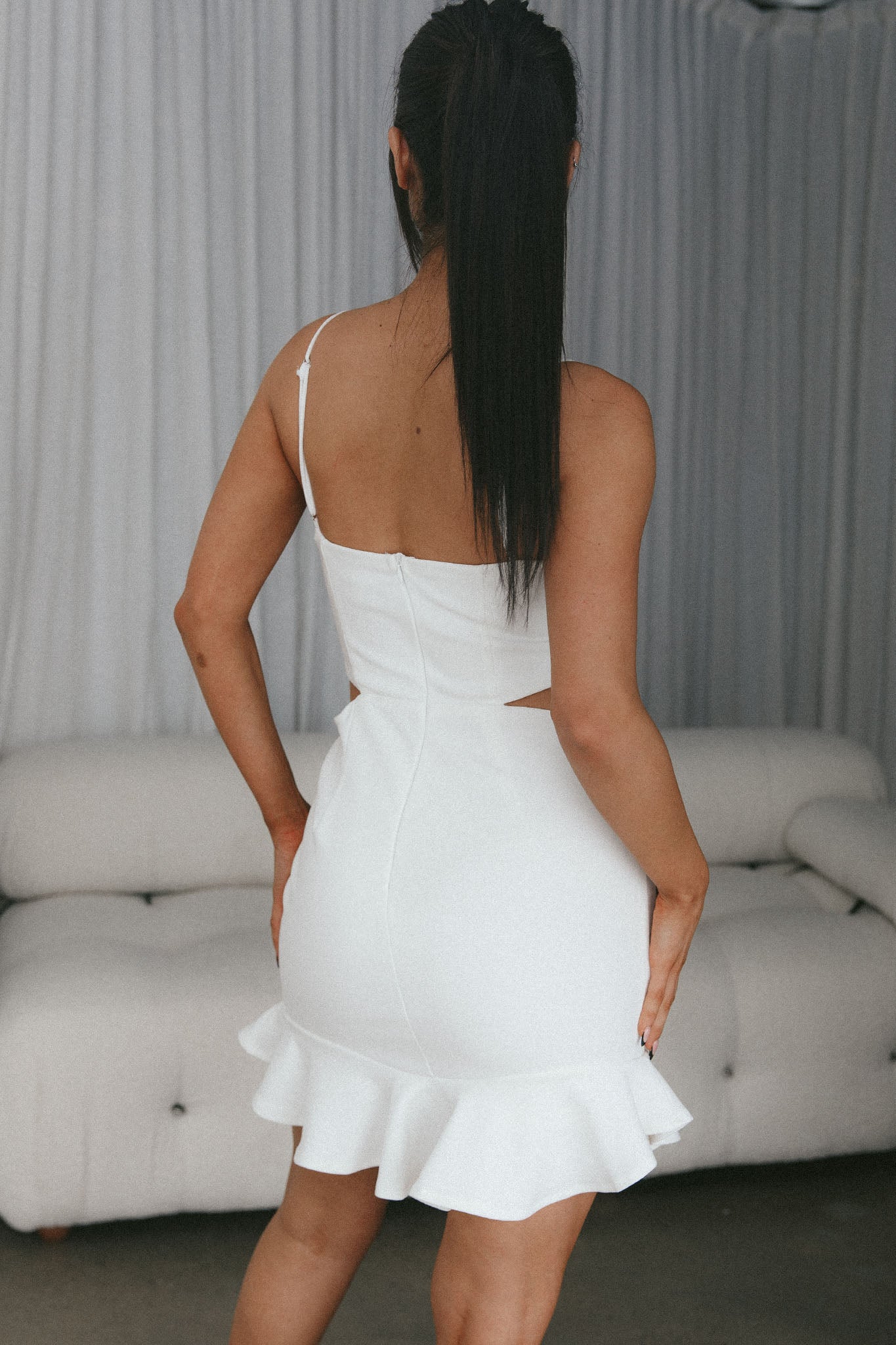 Stop The Press Cut-Out Waist Mini Dress White by Selfie Leslie