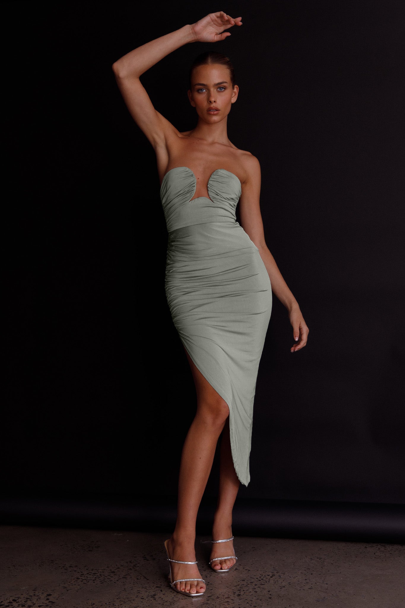 Roma U-Neckline Ruched Midi Dress Pistachio by Selfie Leslie