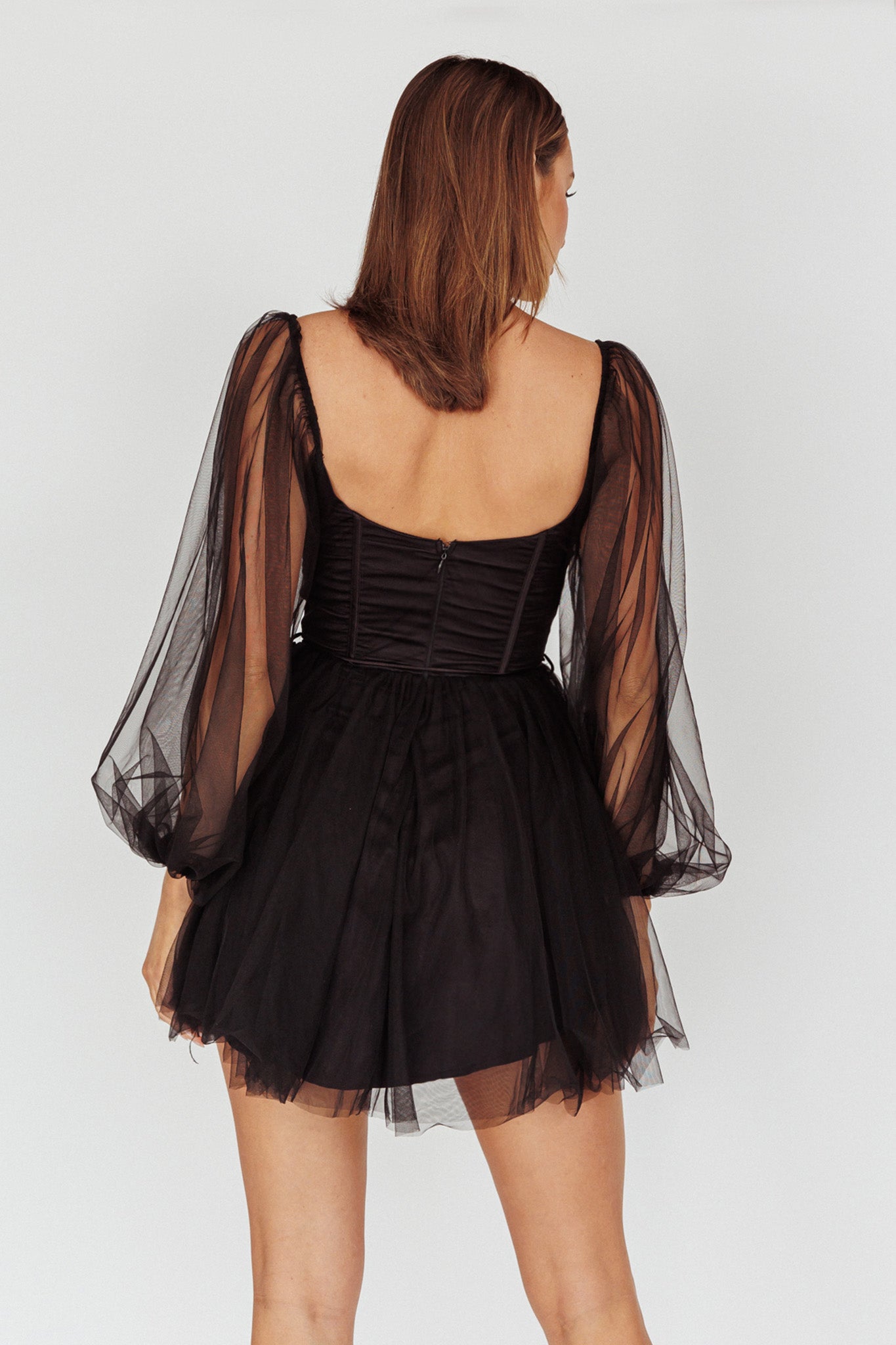 dyer sheer sleeve mini dress black Fairytale Dream Sheer Sleeve Mini Dress Black