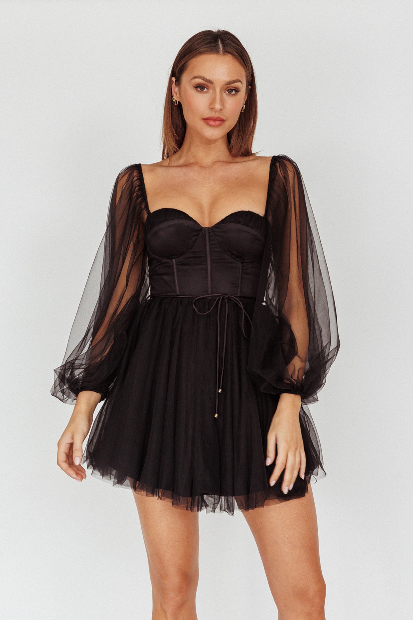 Fairytale Dream Sheer Sleeve Mini Dress Black by Selfie Leslie