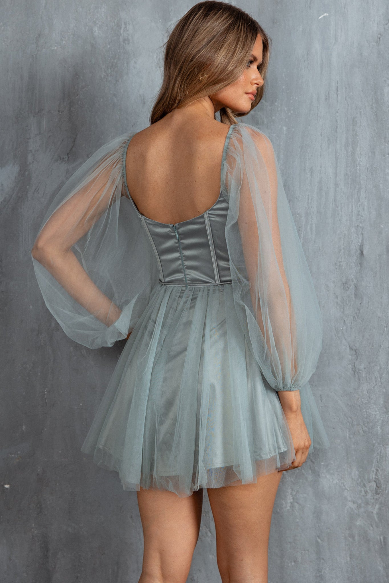 Fairytale Dream Sheer Sleeve Mini Dress Sage | Selfie Leslie