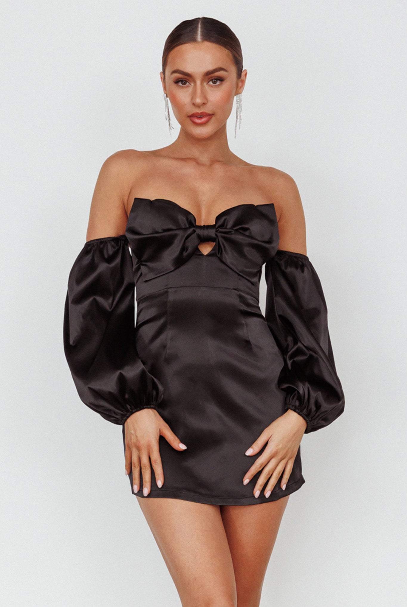 Lilly Off-Shoulder Bow Mini Dress Black by Selfie Leslie