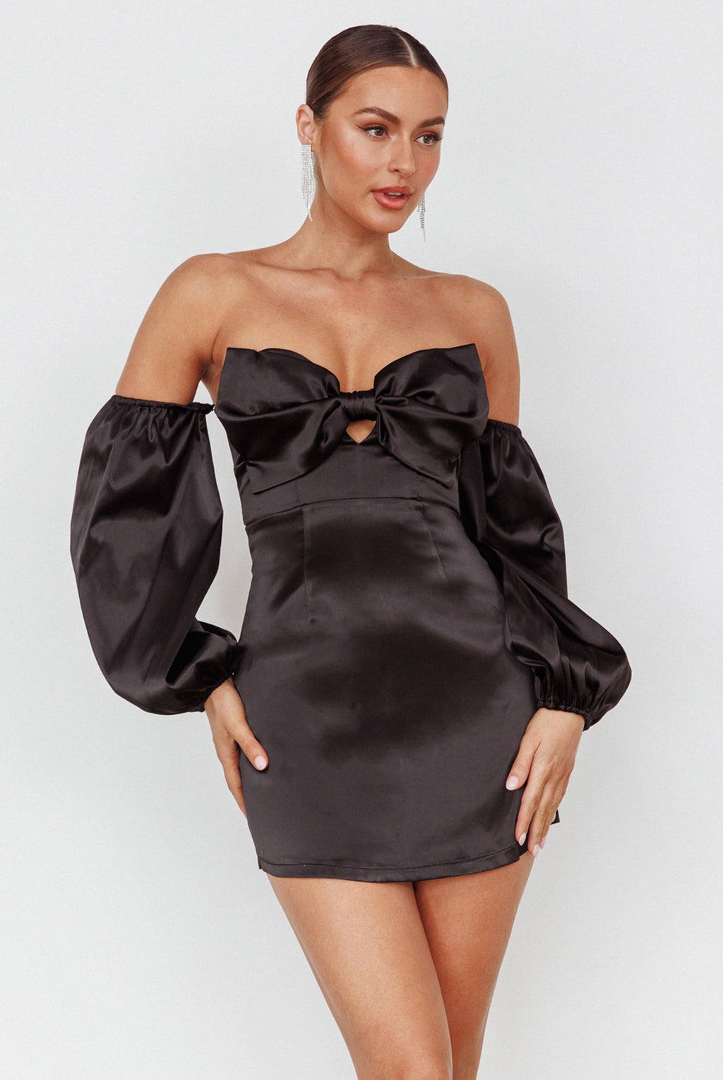 Lilly Off-Shoulder Bow Mini Dress Black by Selfie Leslie