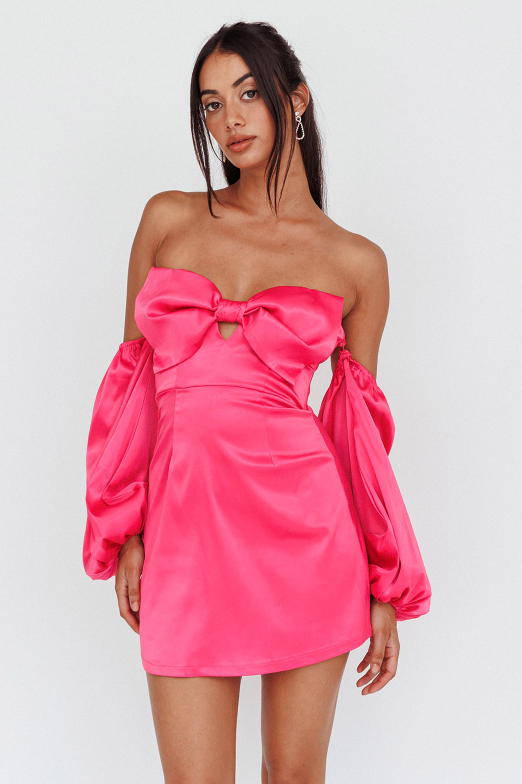 Lilly Off-Shoulder Bow Mini Dress Pink by Selfie Leslie
