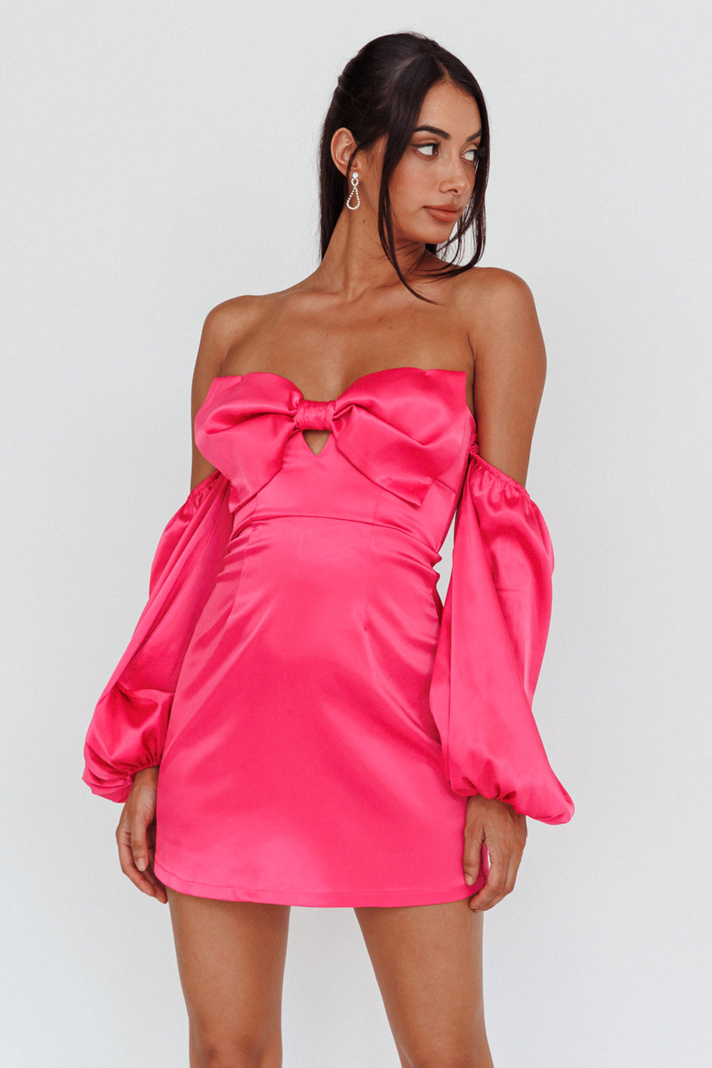 Lilly Off-Shoulder Bow Mini Dress Pink by Selfie Leslie