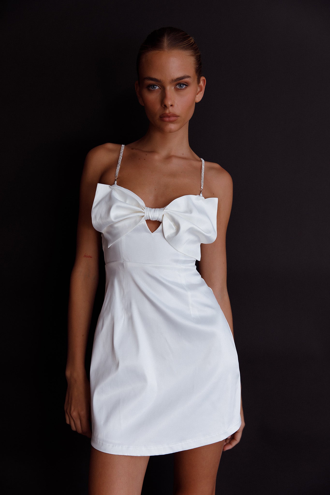 Shop the Lilly Bow Diamante Mini Dress White - Main Image