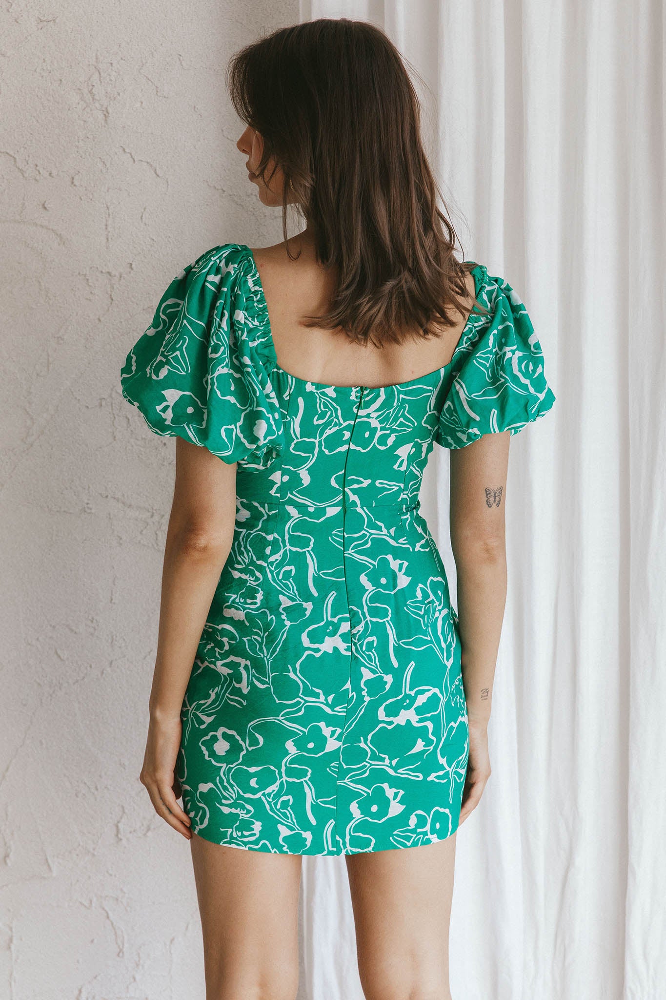 Iseo Puff Sleeve Mini Dress Print Green by Selfie Leslie