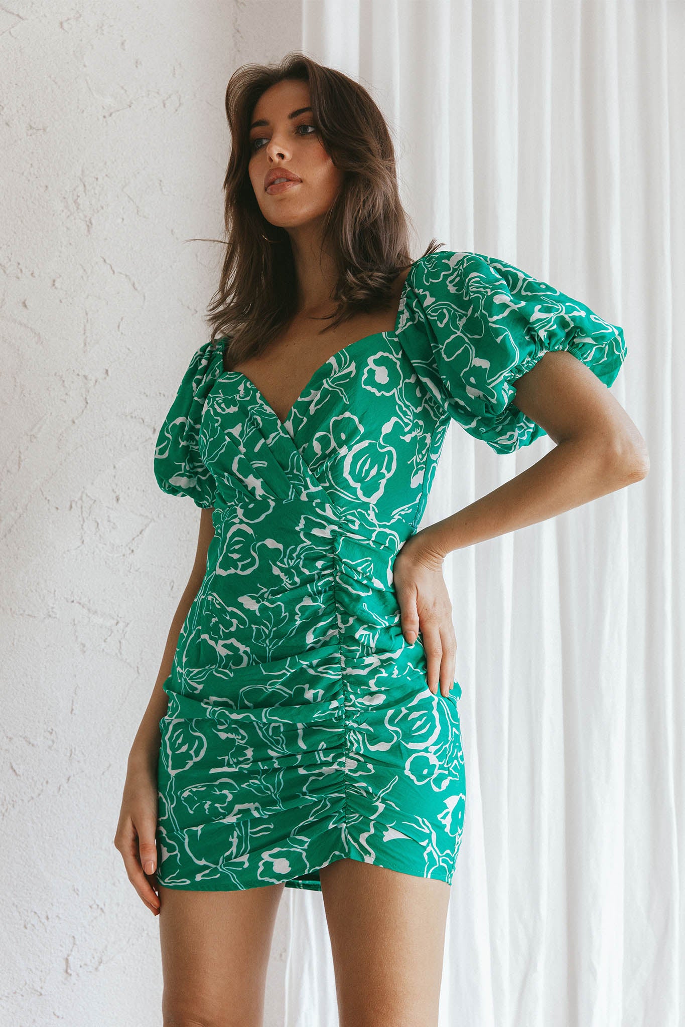 Iseo Puff Sleeve Mini Dress Print Green by Selfie Leslie