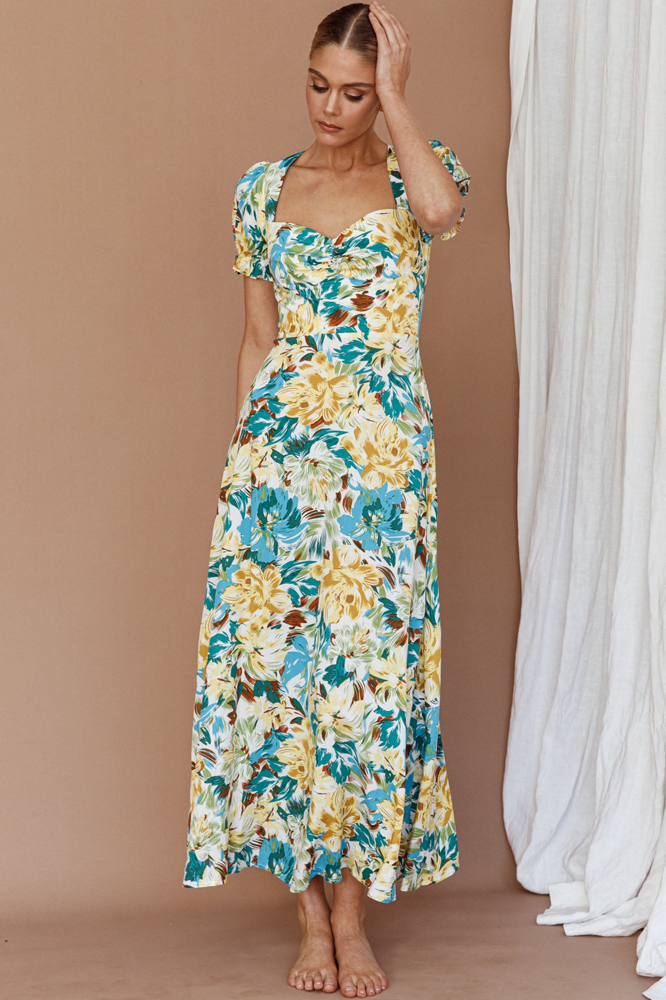 Montebello Puff Sleeve Maxi Dress Floral Blue/Yellow by Selfie Leslie