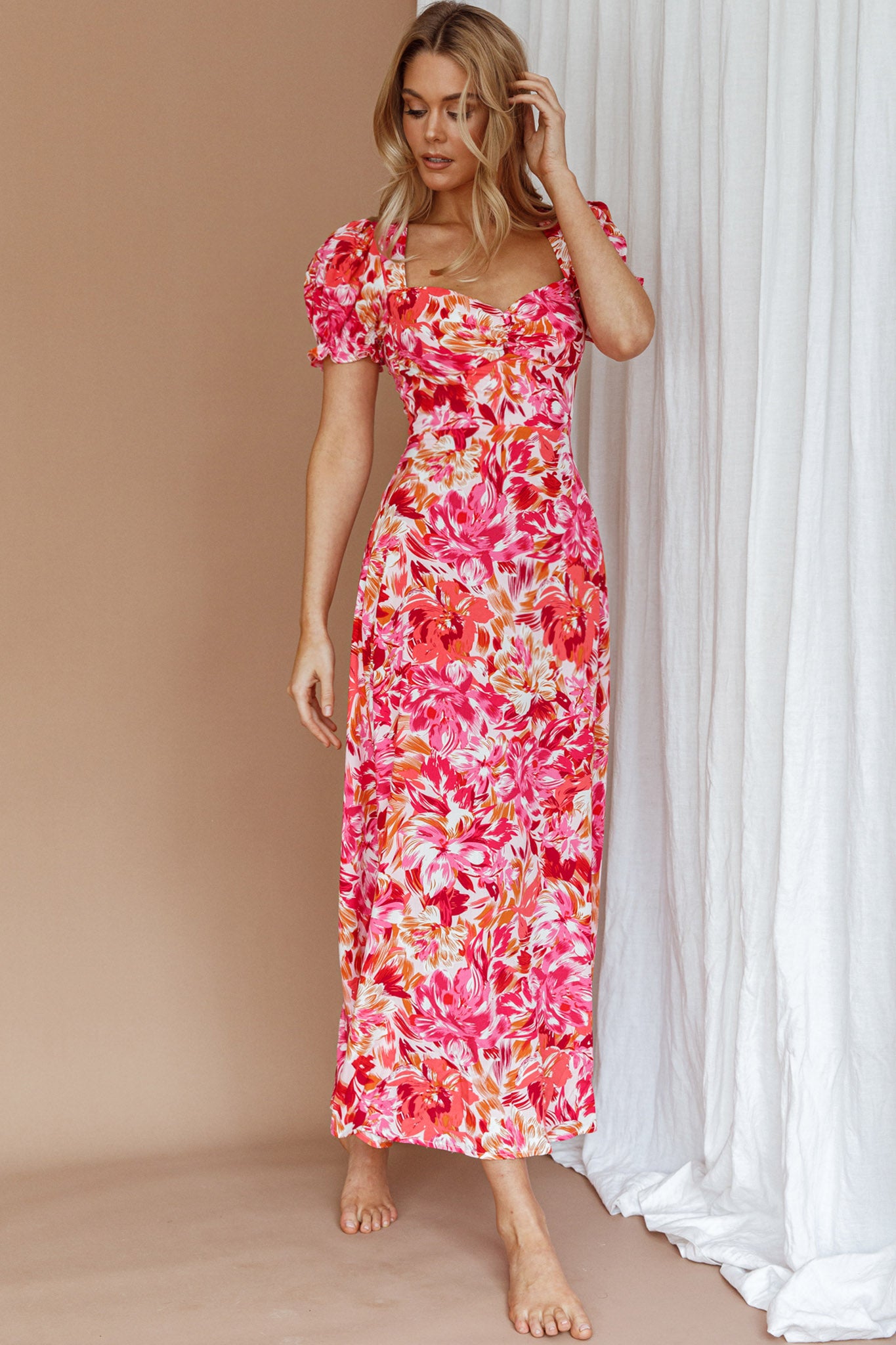 Montebello Puff Sleeve Maxi Dress Floral Pink/Orange by Selfie Leslie