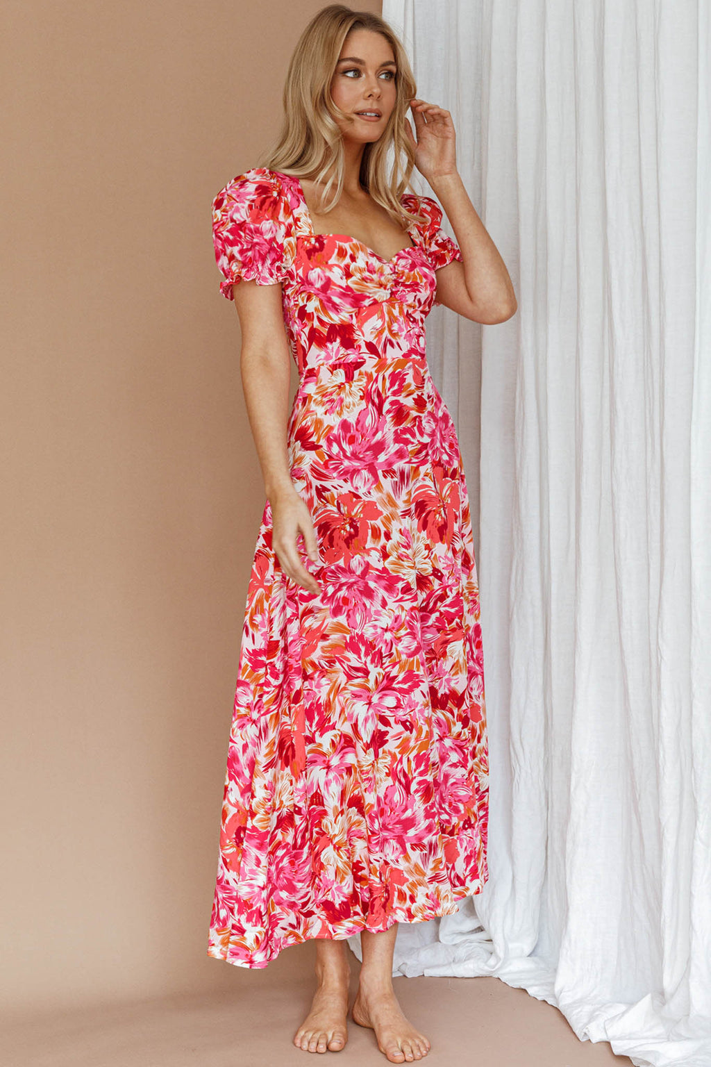 Montebello Puff Sleeve Maxi Dress Floral Pink/Orange by Selfie Leslie