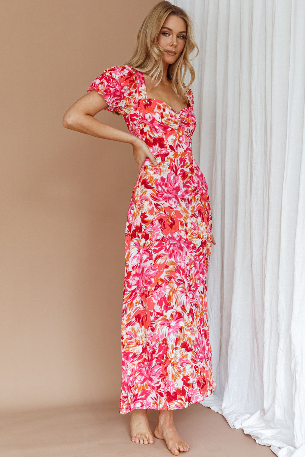 Montebello Puff Sleeve Maxi Dress Floral Pink/Orange by Selfie Leslie