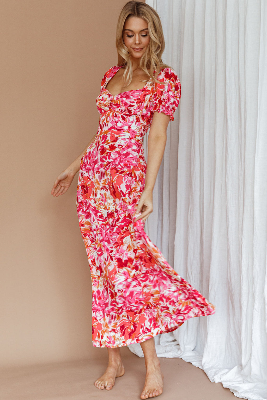 Montebello Puff Sleeve Maxi Dress Floral Pink/Orange by Selfie Leslie