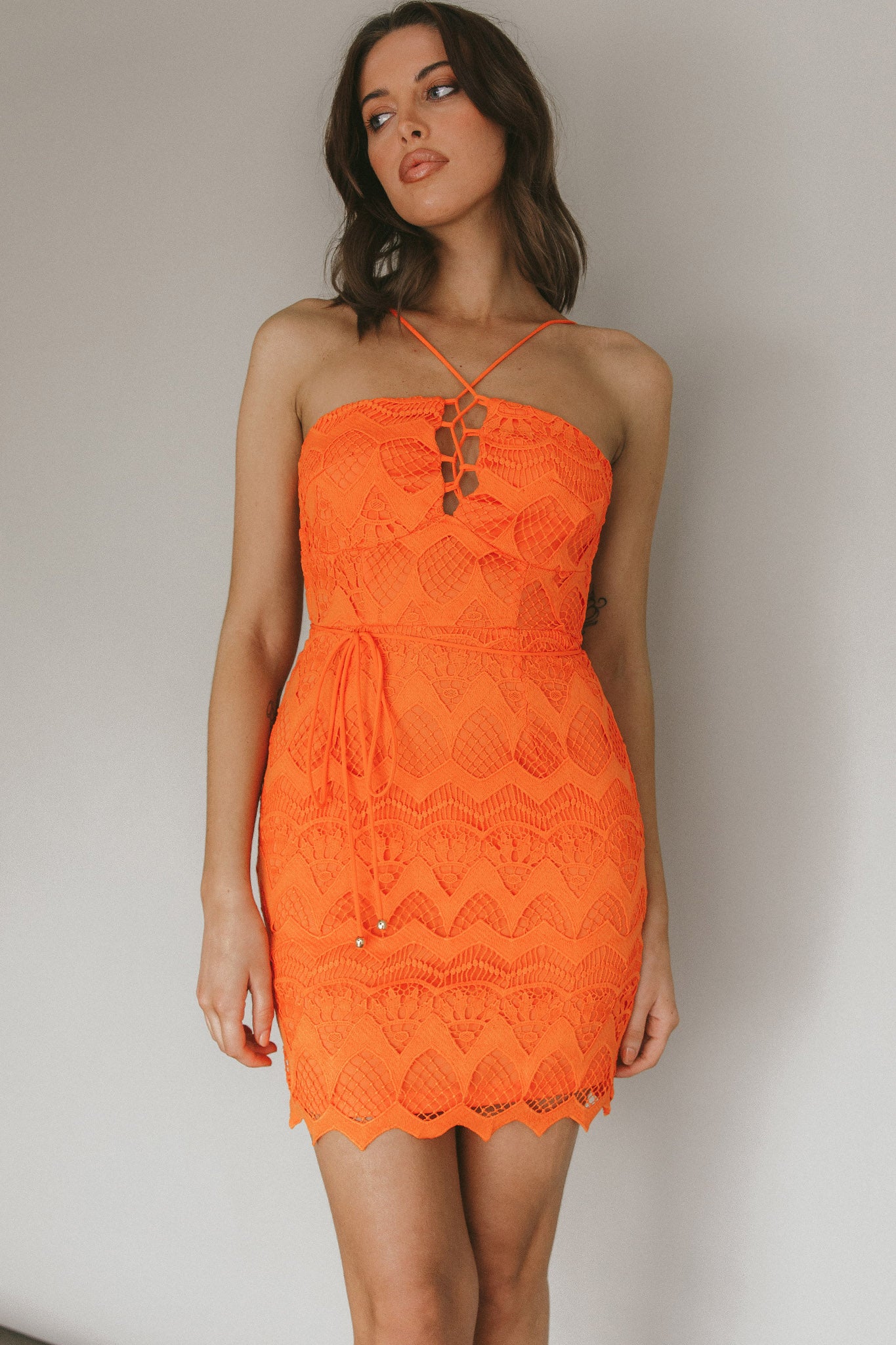 St Kilda Embroidered Lace Strappy Dress Coral by Selfie Leslie