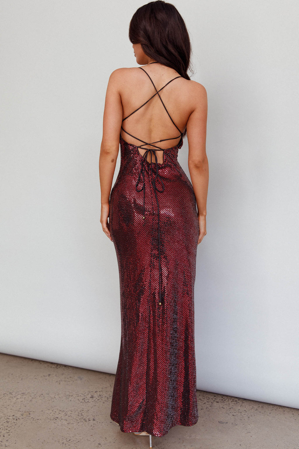 State Of Mind Lace-Up Back Sequin Dress Red by Selfie Leslie