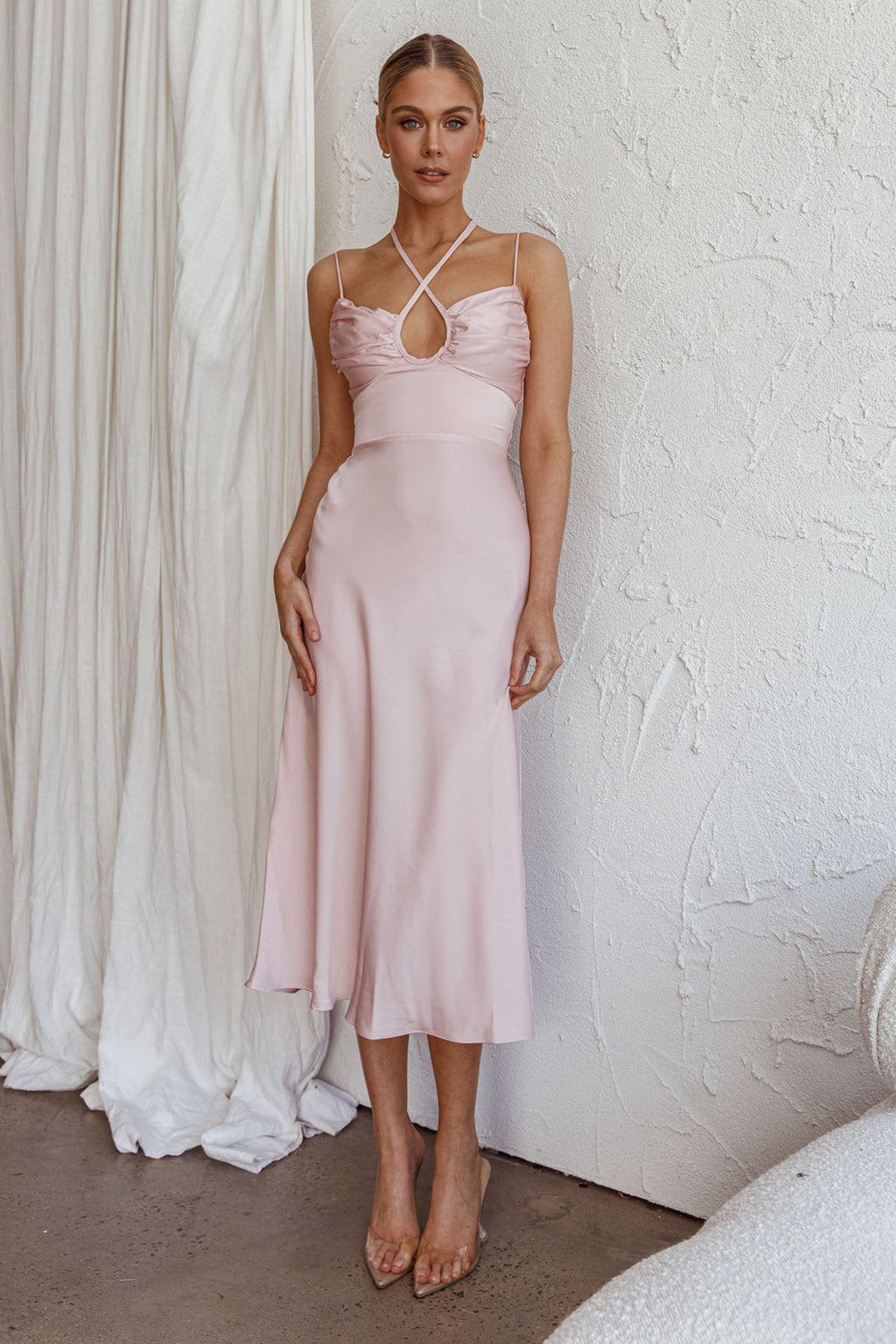 Emmalie Satin Midi Dress Pink by Selfie Leslie