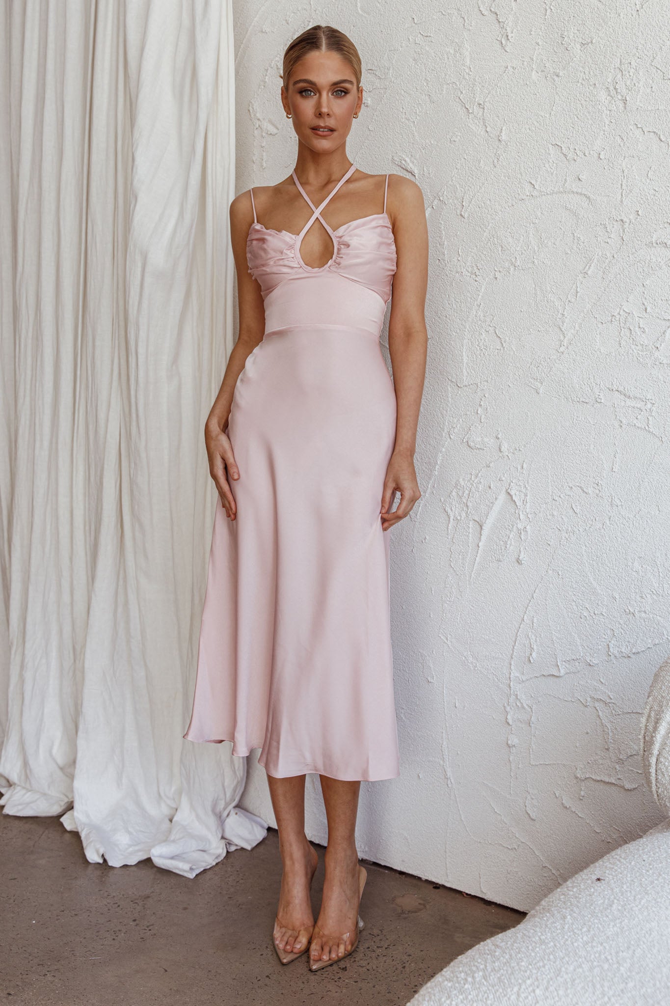 Emmalie Satin Midi Dress Pink by Selfie Leslie