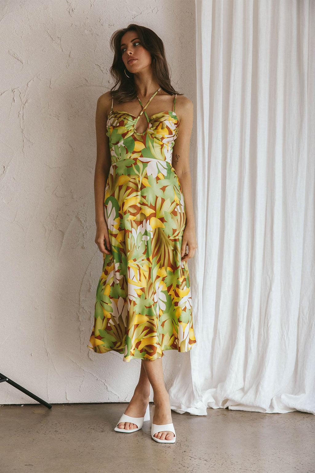 Emmalie Satin Midi Dress Floral Green by Selfie Leslie
