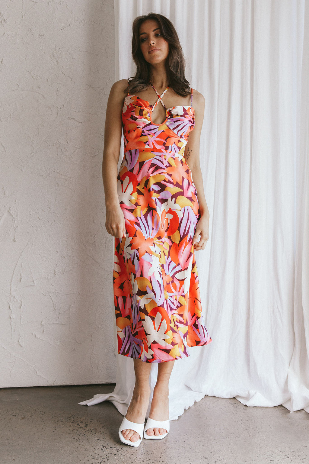 Emmalie Satin Midi Dress Floral Orange by Selfie Leslie