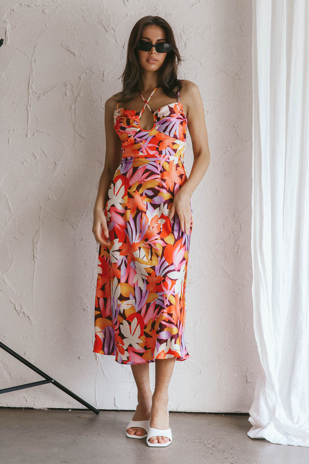 Emmalie Satin Midi Dress Floral Orange by Selfie Leslie